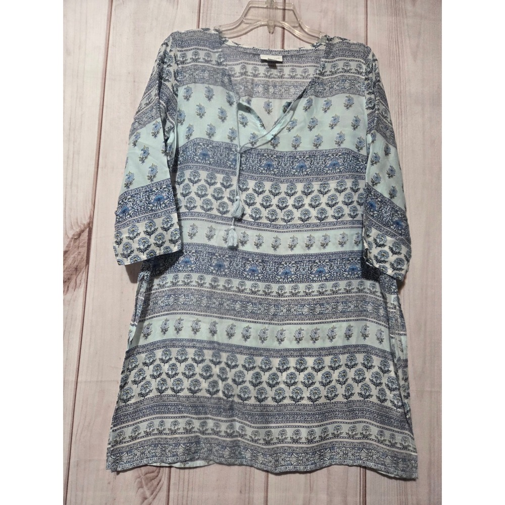 J. Jill Blue Floral Tencel Lyocell Tunic Petite Small Sheer Tassel Tie V-Neck